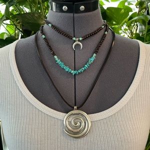 Layered Turquoise red ebony wood beads Horn moon necklace leather Tibetan spiral